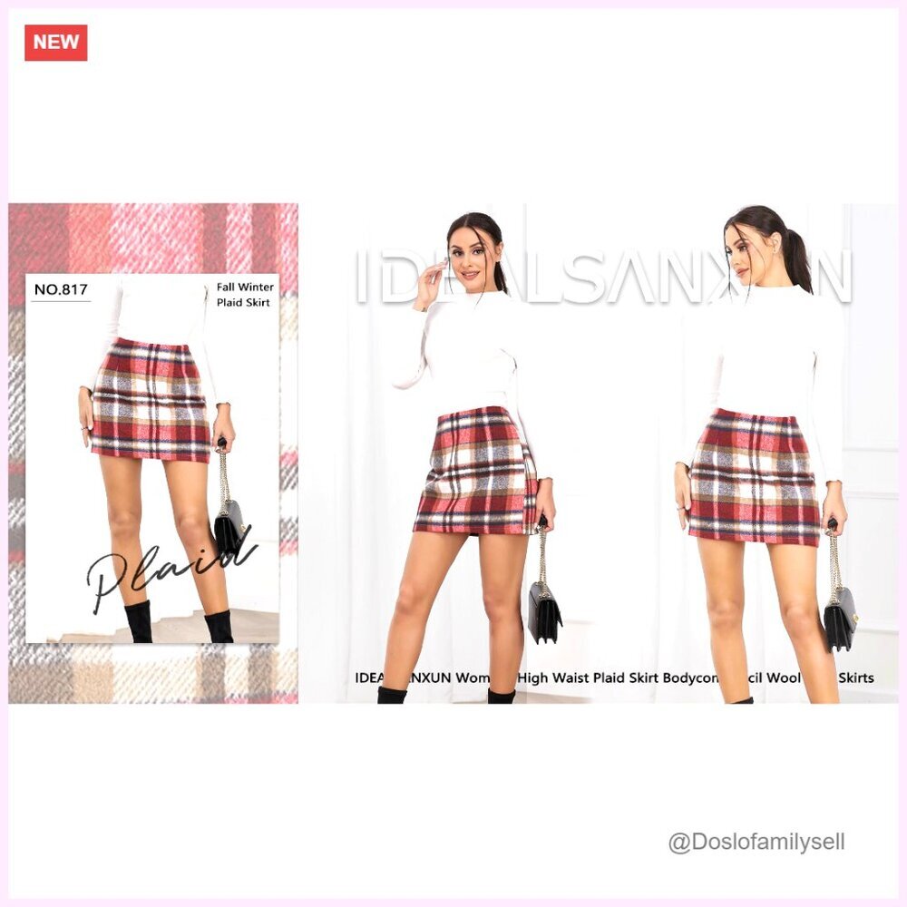 High Waist Wool Plaid Mini Skirt Bodycon Pencil Fit Casual Slim - Picture 6 of 6